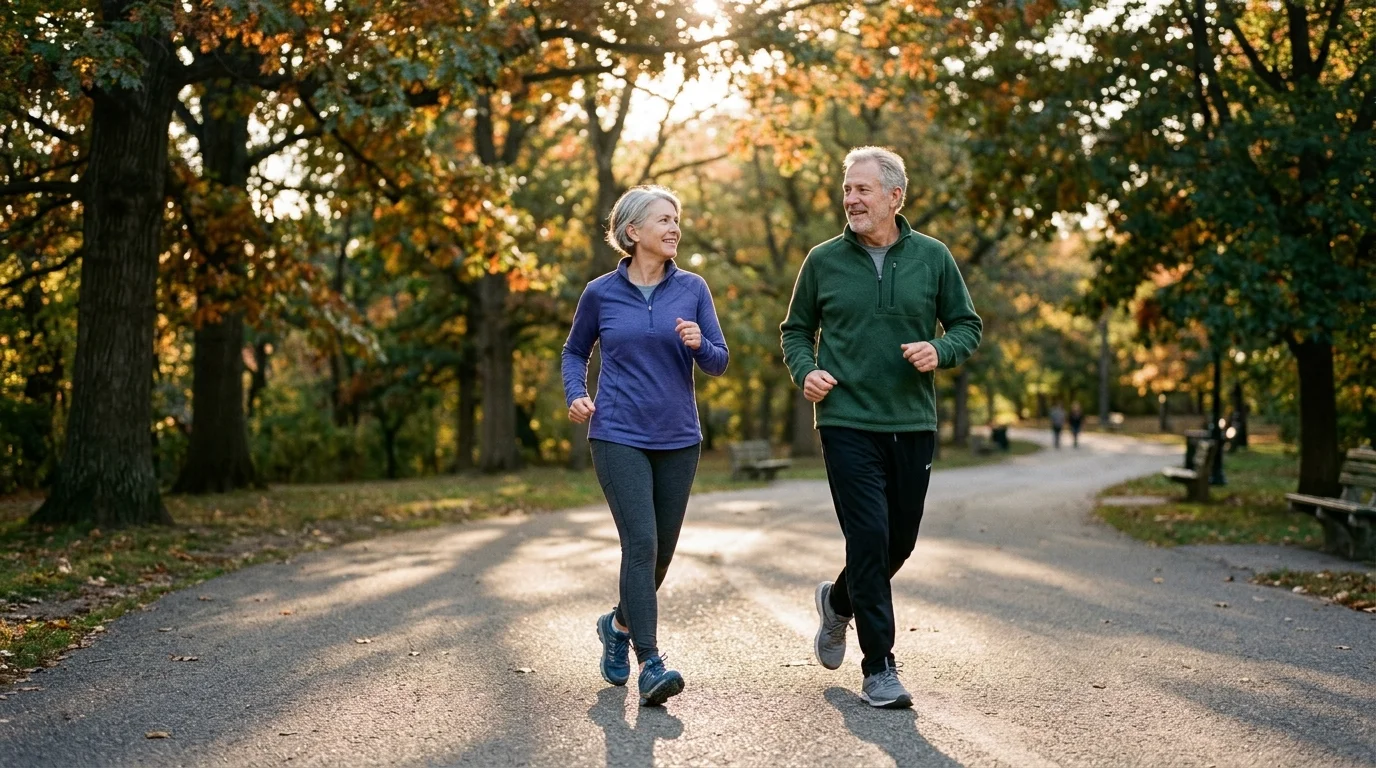 An older man and woman jog together along a paved path in a sunny, tree-lined park during autumn.