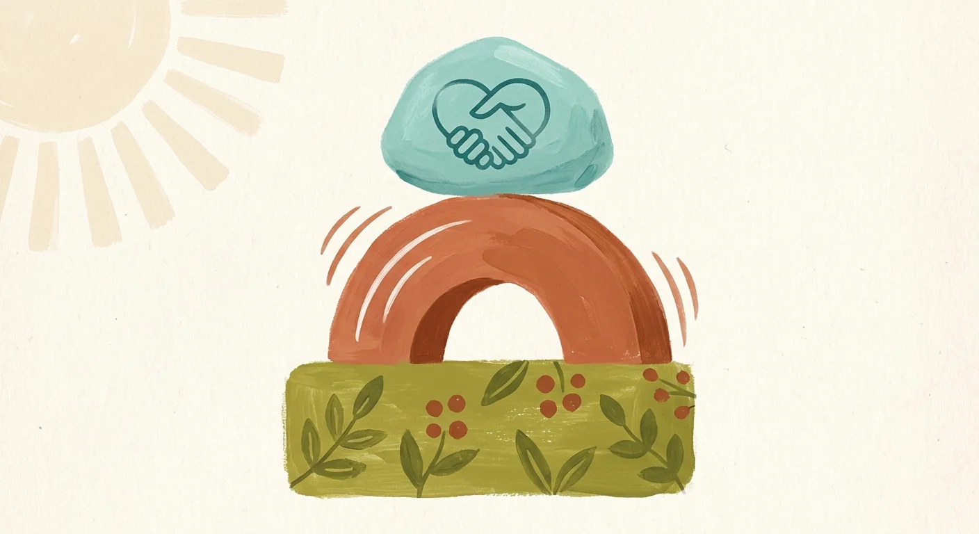 An abstract, balanced gouache illustration of geometric blocks representing nutrition, movement, and medical partnership.