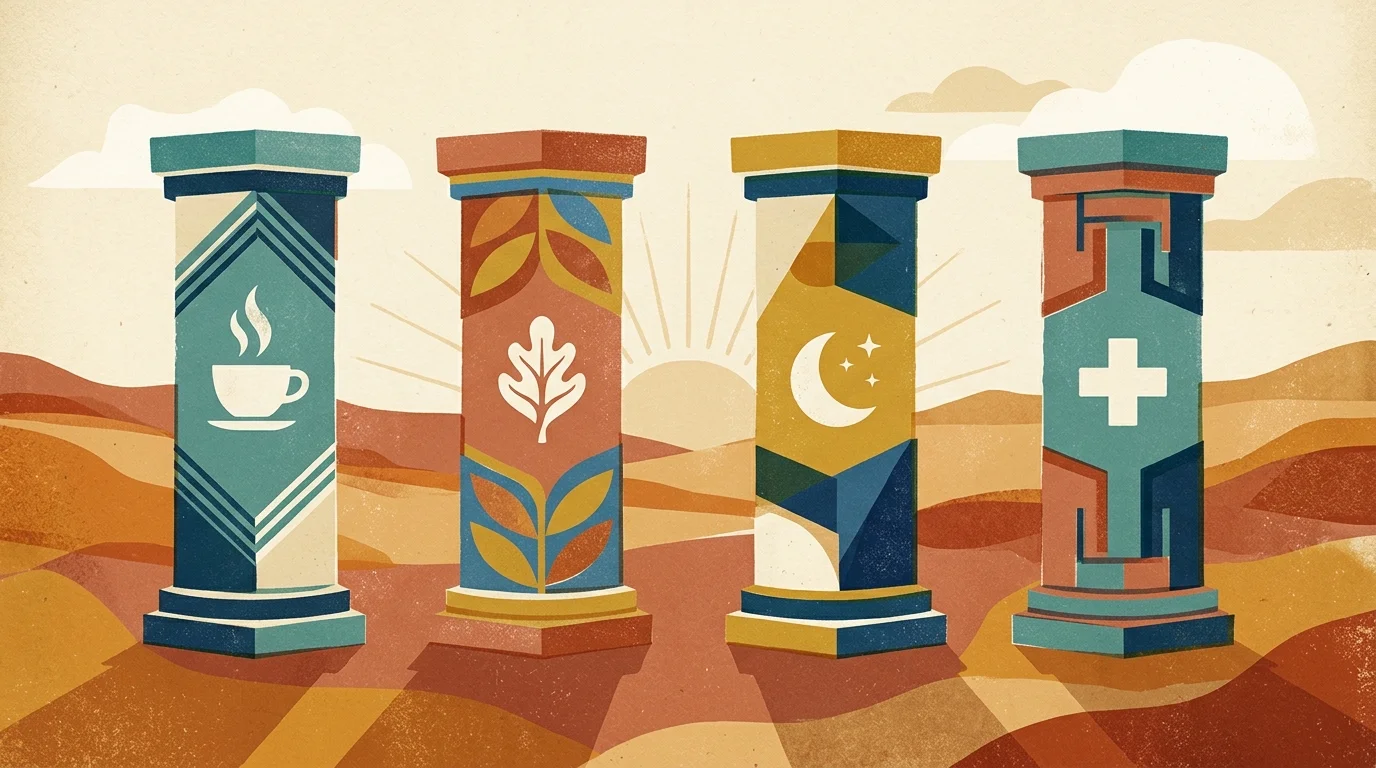 An abstract mid-century screenprint showing four colorful pillars labeled with icons for hydration, clean air, rest, and therapy.