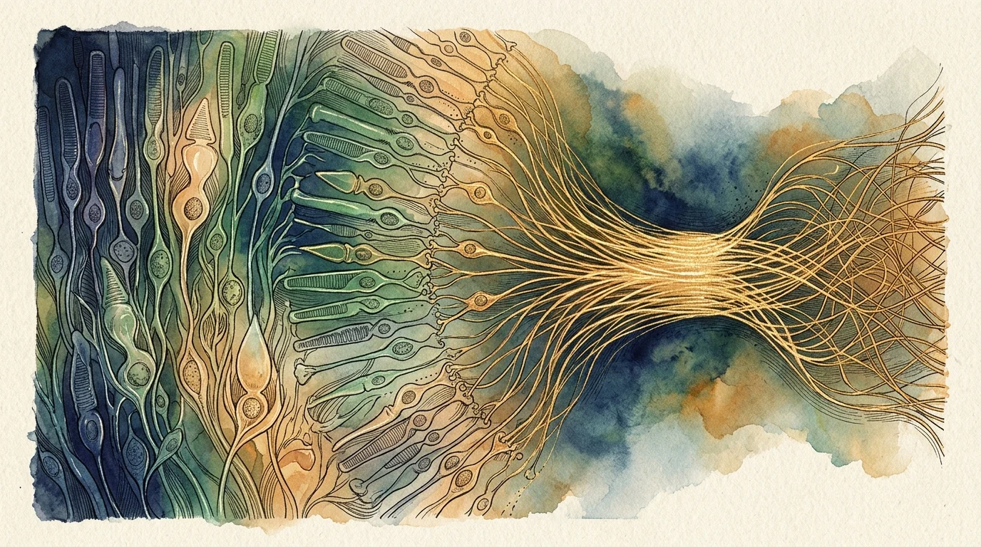 An abstract watercolor and ink illustration depicting stylized glowing photoreceptor cells and golden optic nerve pathways.