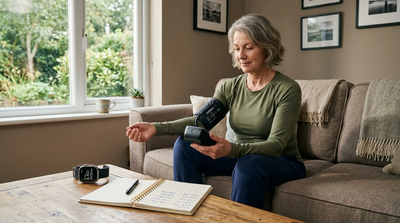Woman sitting on a sofa checking her blood pressure with an arm monitor near an open log notebook and smartwatch.