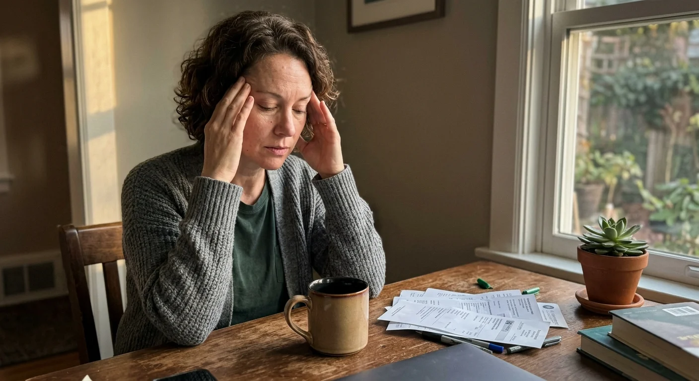 A woman sitting at a wooden table holds her temples with both hands next to a coffee mug and papers by a window.