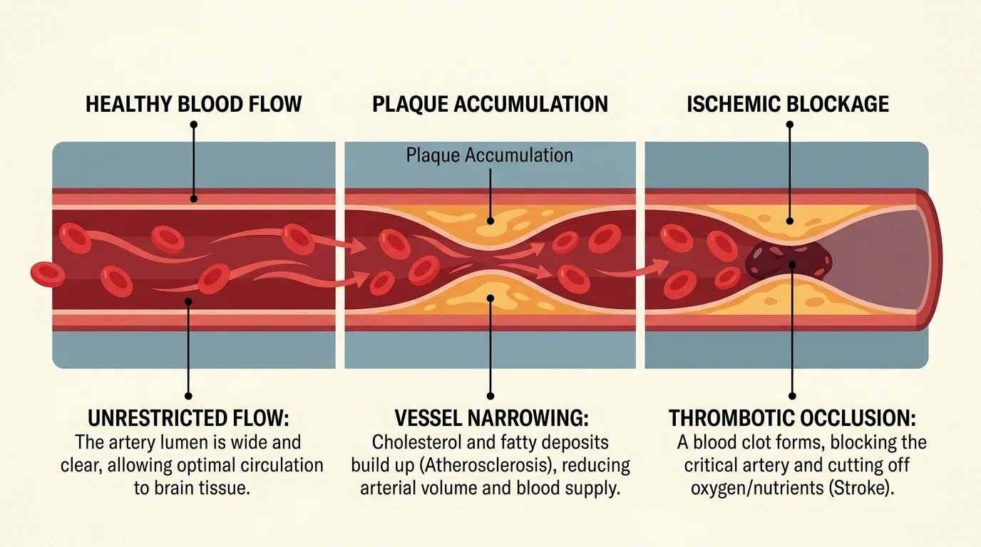 An anatomical diagram illustrating the progression from a healthy artery to plaque buildup and an ischemic blockage.
