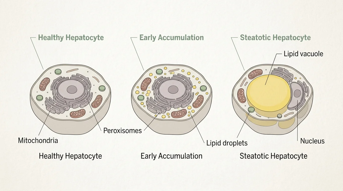 An anatomical diagram showing the cellular transition from a healthy hepatocyte to a steatotic cell with lipid accumulation.