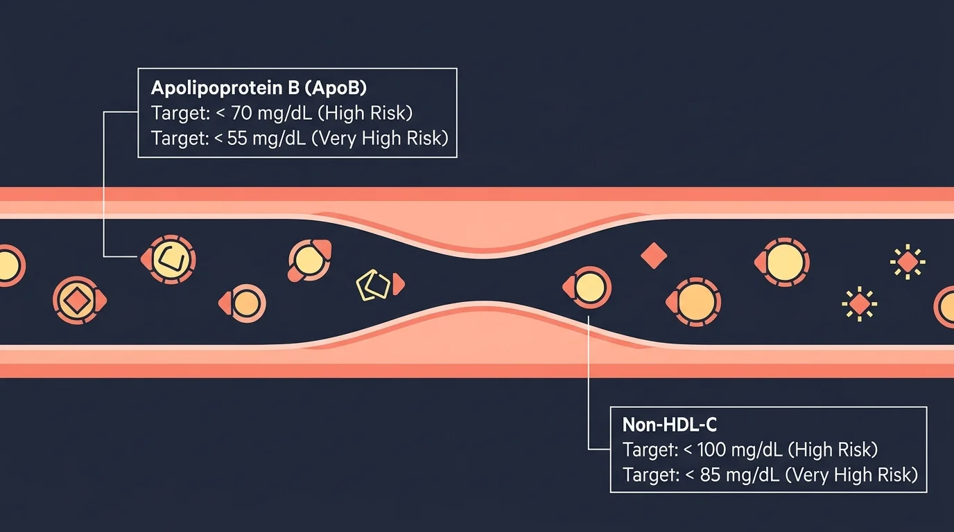 An arterial cross-section diagram showing ApoB and Non-HDL-C targets for high and very high risk categories.