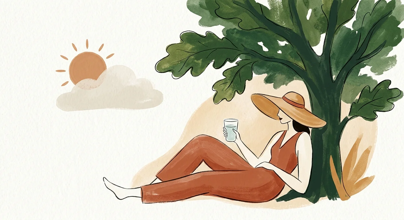 An artistic gouache illustration of a person in a sun hat resting under the shade of a tree, holding a glass of water.
