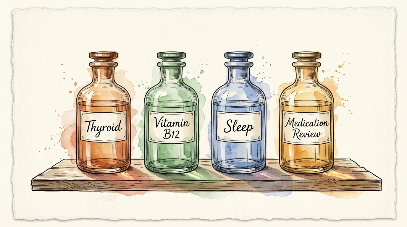 An artistic watercolor drawing of four labeled glass apothecary bottles representing thyroid, B12, sleep, and medication.