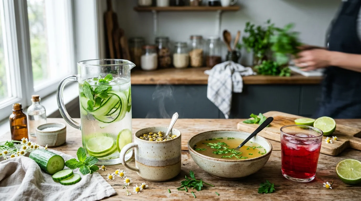 A pitcher of cucumber water, a mug of chamomile tea, a bowl of herb broth, and a glass of iced red drink on a wooden table.