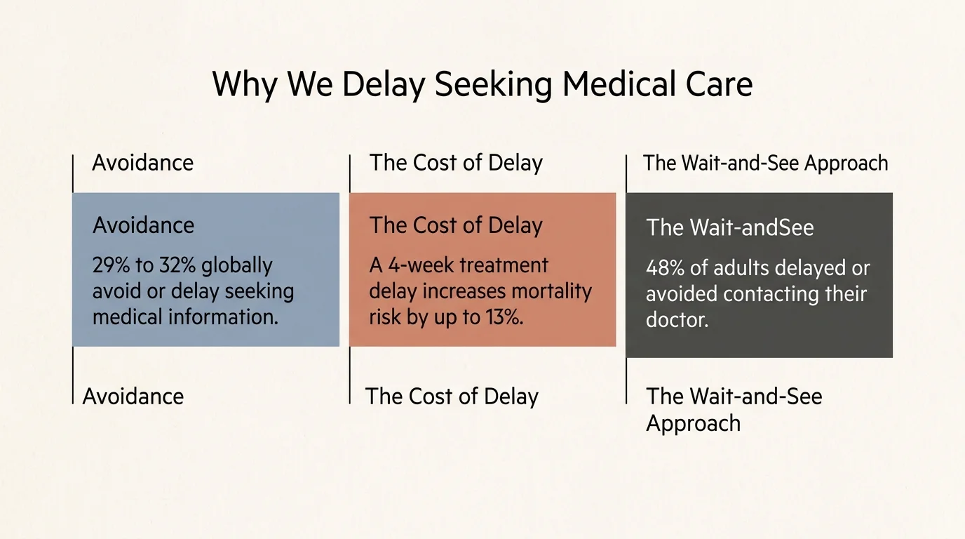An editorial diagram showing the percentages of people who delay medical care and the associated health risks of a 4-week delay.
