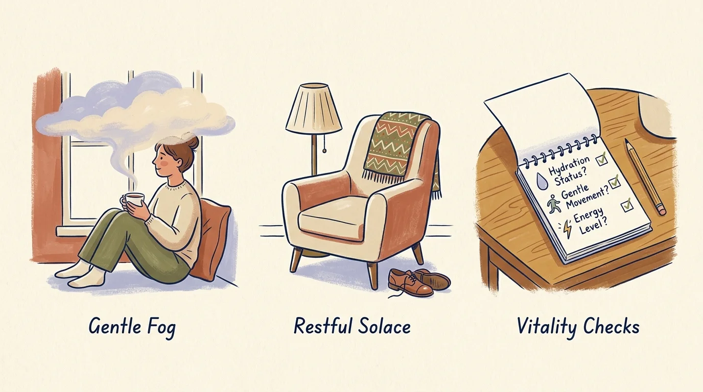 Three-panel illustration showing a woman sipping tea under a cloud, an empty armchair, and a health checklist on a desk.