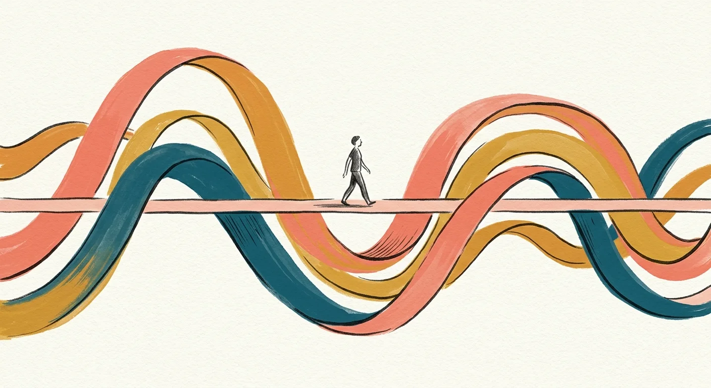 An editorial gouache illustration of a person walking along a stable path that cuts through stylized waves of coral and teal.