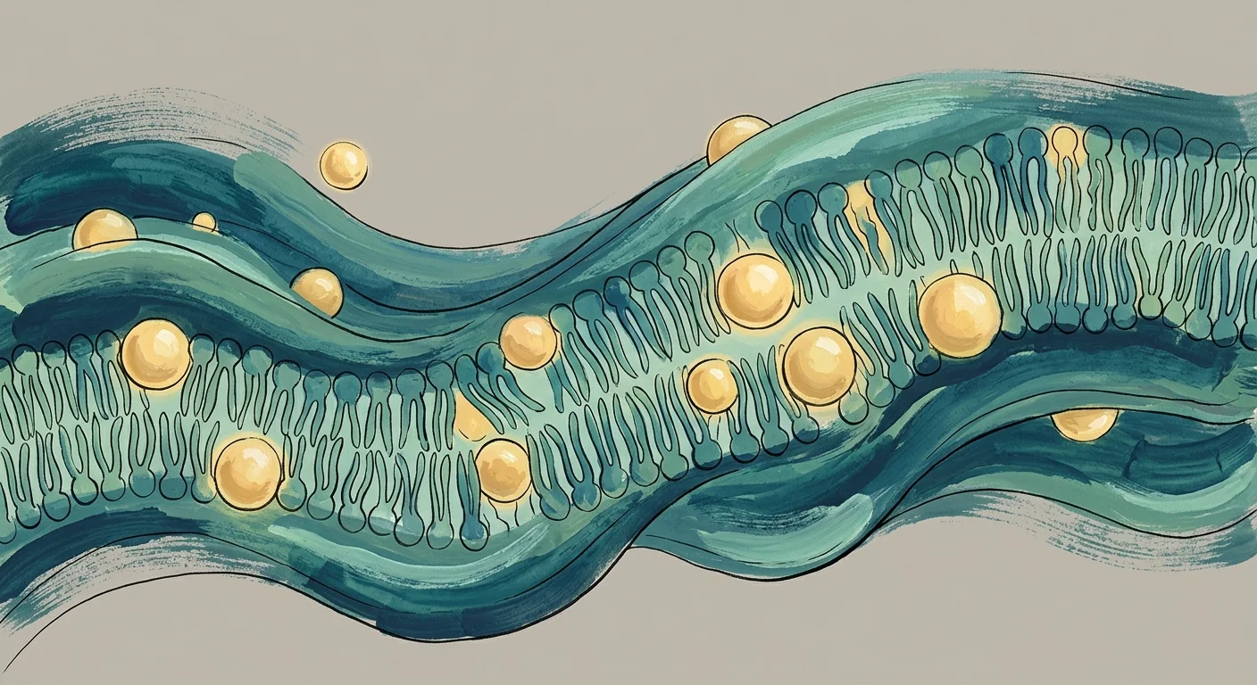 An editorial gouache illustration showing glowing golden molecules integrating into a stylized cellular membrane structure.
