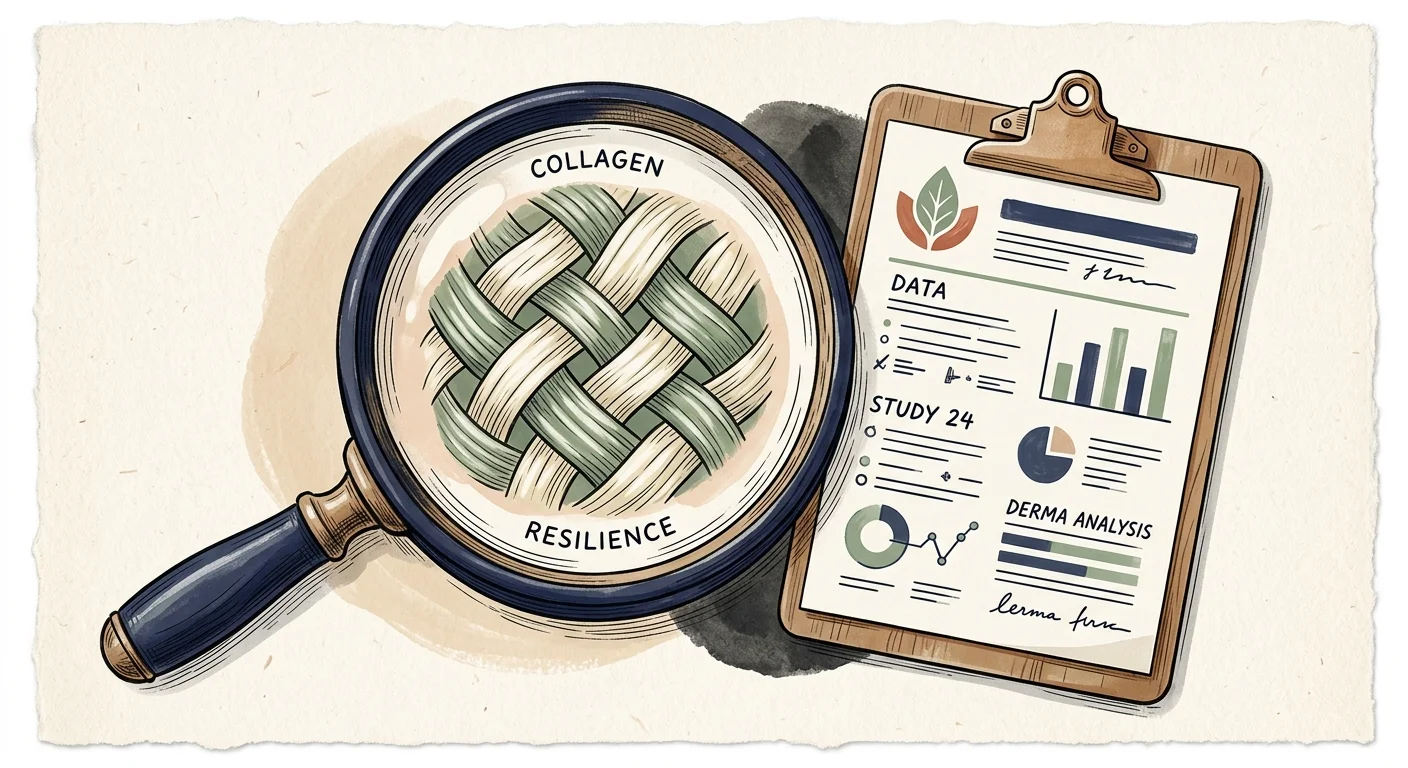 An editorial illustration of a magnifying glass focusing on woven collagen fibers, next to a minimalist research clipboard.