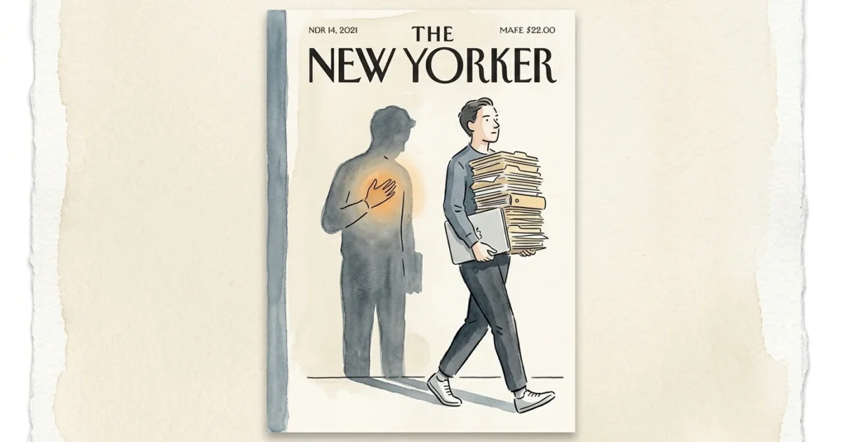 An editorial illustration of a person carrying office folders while their shadow pauses with a hand over its heart.