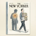 An editorial illustration of a person carrying office folders while their shadow pauses with a hand over its heart.