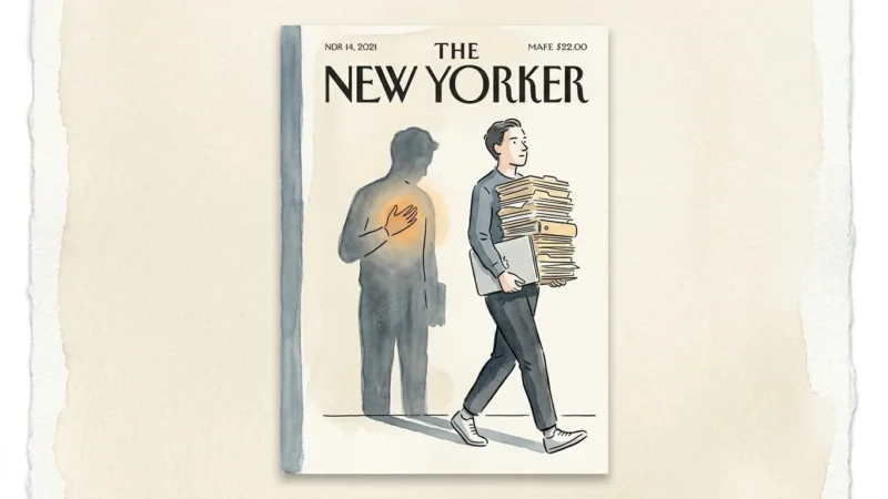 An editorial illustration of a person carrying office folders while their shadow pauses with a hand over its heart.