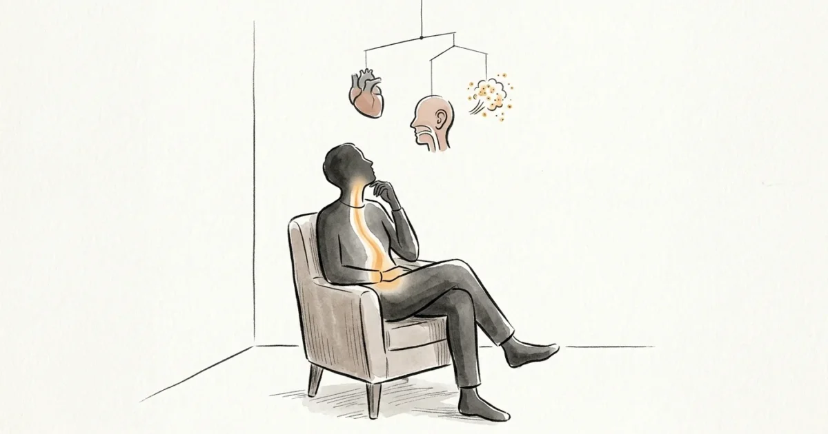 An editorial illustration of a person sitting beneath a mobile of medical symbols, highlighting a warm path from stomach to throat.