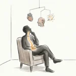 An editorial illustration of a person sitting beneath a mobile of medical symbols, highlighting a warm path from stomach to throat.