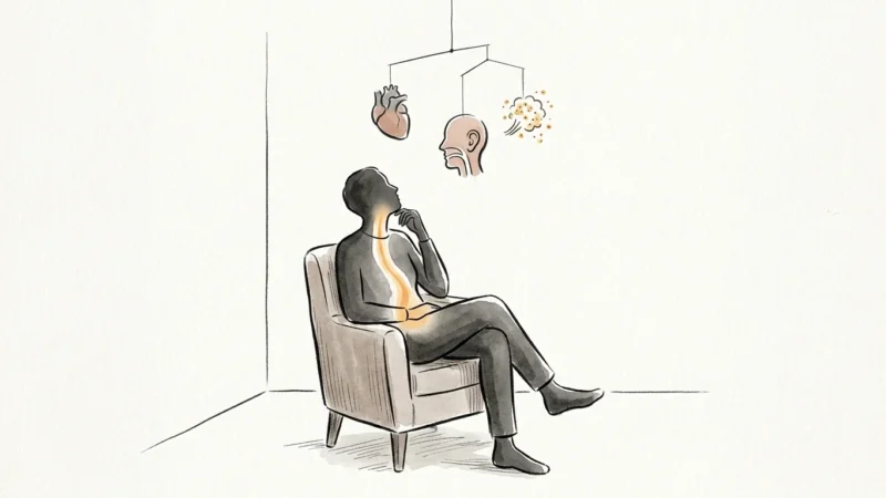 An editorial illustration of a person sitting beneath a mobile of medical symbols, highlighting a warm path from stomach to throat.
