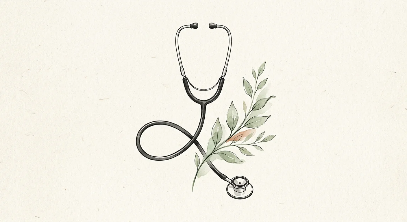 An editorial illustration of a stethoscope where the tubing transforms into a green leaf, on a textured cream background.