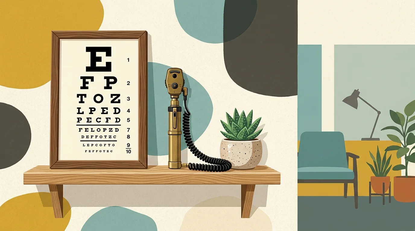 An editorial illustration of an optometrist's office shelf with a framed eye chart, a vintage ophthalmoscope, and a small potted plant.