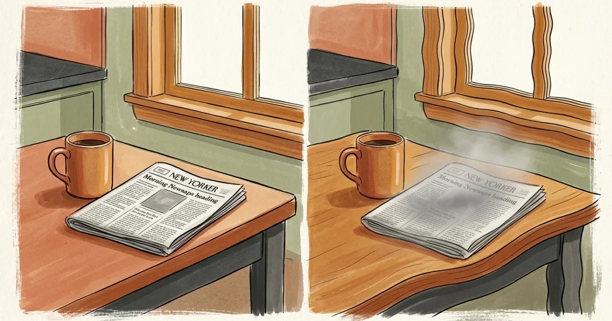 An editorial illustration showing a split view of a cozy kitchen: the left side is perfectly clear, while the right side is wavy and distort
