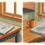 An editorial illustration showing a split view of a cozy kitchen: the left side is perfectly clear, while the right side is wavy and distort