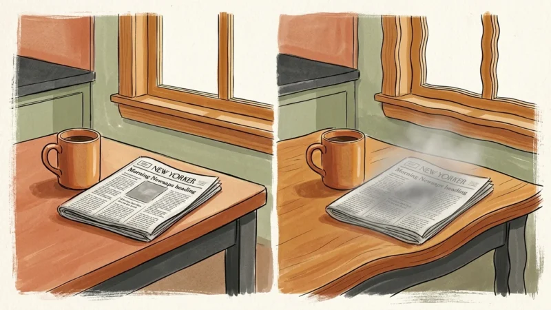 An editorial illustration showing a split view of a cozy kitchen: the left side is perfectly clear, while the right side is wavy and distort