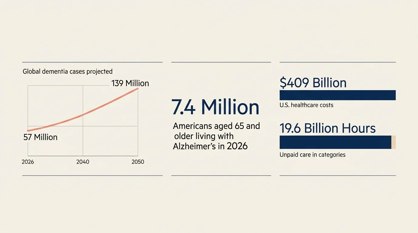 An editorial infographic displaying global dementia projections rising to 139 million by 2050, and key U.S. healthcare and caregiving statis