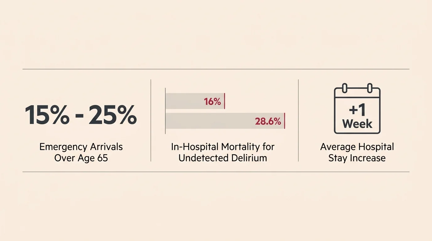 An editorial infographic showing key medical statistics: 15 to 25 percent prevalence over age 65, and up to 28.6 percent mortality.
