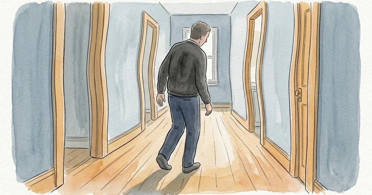An editorial ink and watercolor illustration of a person walking down a hallway where the floor and walls gently warp to suggest a loss of b