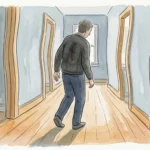 An editorial ink and watercolor illustration of a person walking down a hallway where the floor and walls gently warp to suggest a loss of b