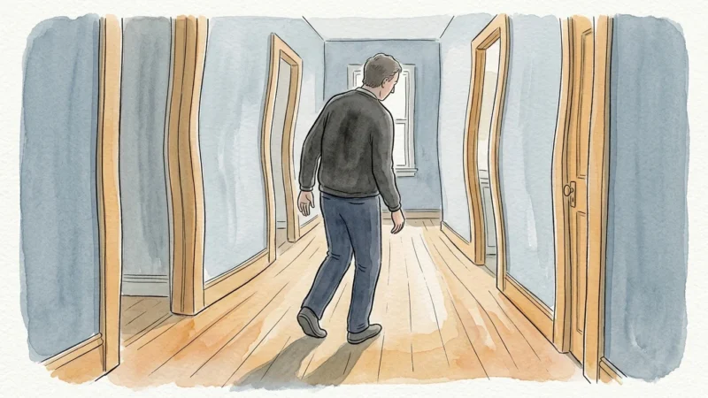 An editorial ink and watercolor illustration of a person walking down a hallway where the floor and walls gently warp to suggest a loss of b