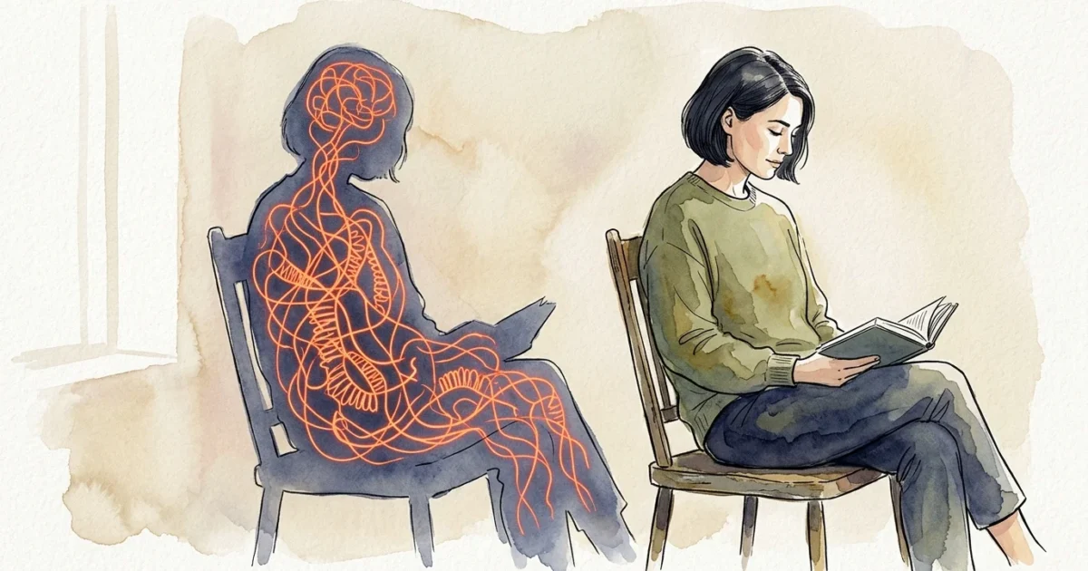 An editorial ink and watercolor illustration of a serene woman sitting in a chair, whose shadow reveals a hidden, glowing network of tangled