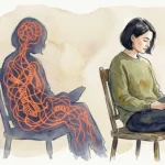 An editorial ink and watercolor illustration of a serene woman sitting in a chair, whose shadow reveals a hidden, glowing network of tangled
