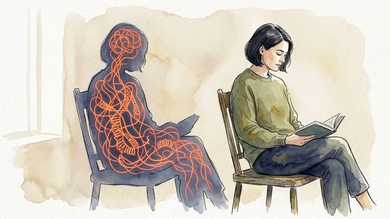 An editorial ink and watercolor illustration of a serene woman sitting in a chair, whose shadow reveals a hidden, glowing network of tangled