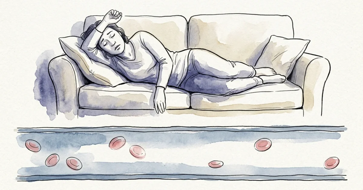 An editorial ink and watercolor illustration showing a fatigued person resting above a symbolic view of a depleted bloodstream.
