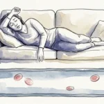 An editorial ink and watercolor illustration showing a fatigued person resting above a symbolic view of a depleted bloodstream.