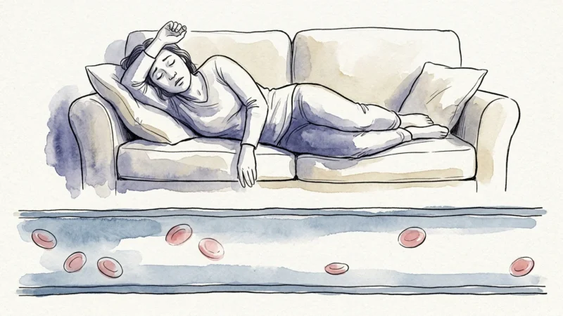 An editorial ink and watercolor illustration showing a fatigued person resting above a symbolic view of a depleted bloodstream.