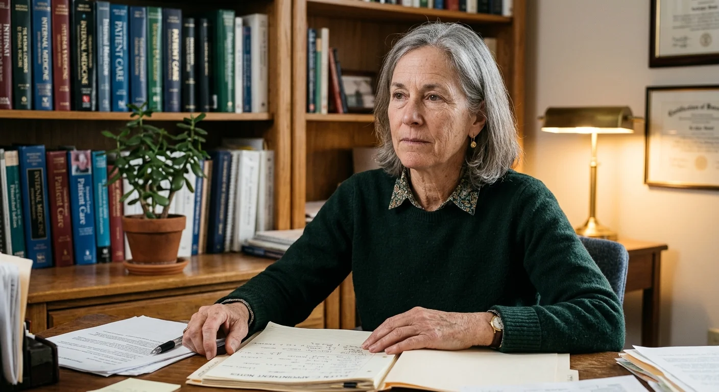 An editorial portrait of an experienced female doctor looking thoughtful in a warm, book-filled office, casting a compassionate gaze.