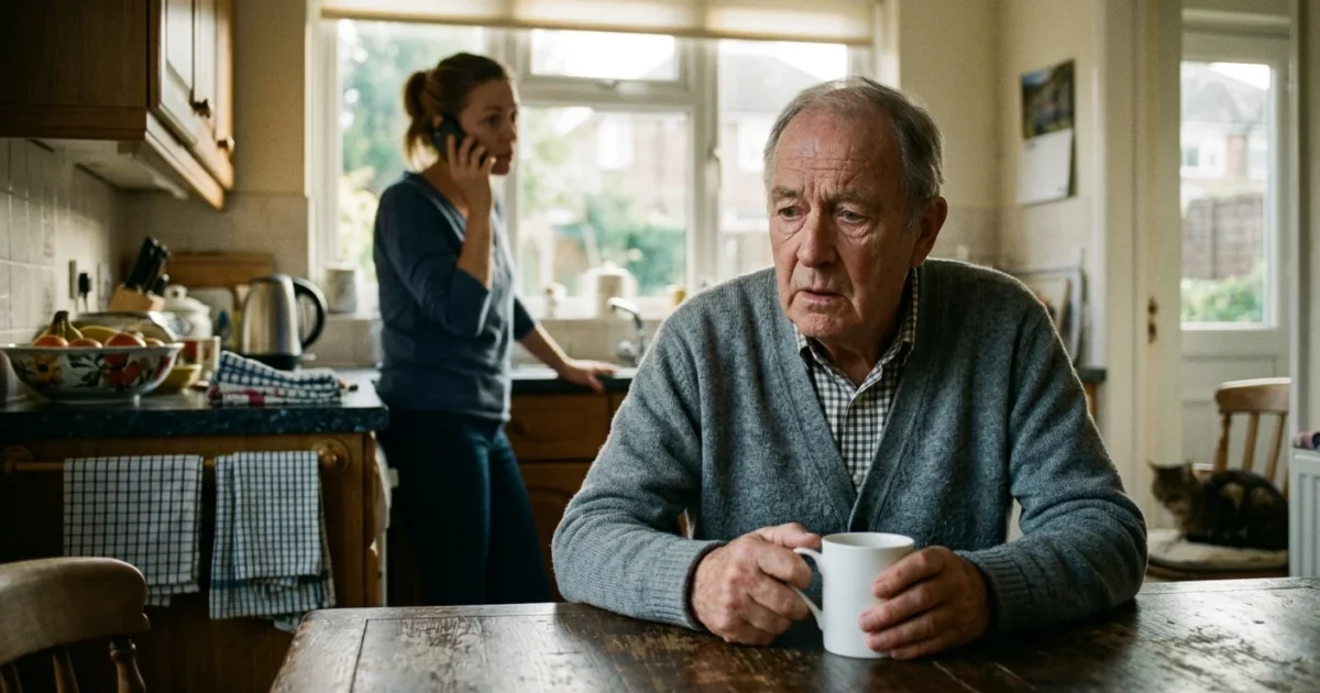 An elderly man sits disoriented at a kitchen table while his concerned daughter dials for emergency help on her phone in the background.