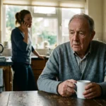 An elderly man sits disoriented at a kitchen table while his concerned daughter dials for emergency help on her phone in the background.