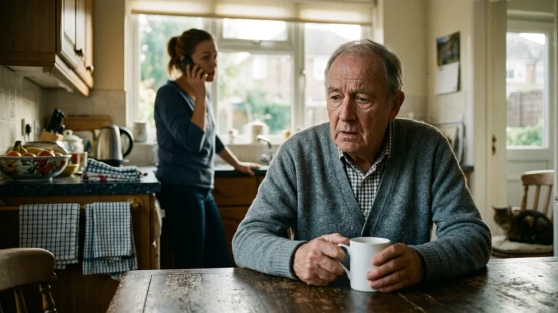 An elderly man sits disoriented at a kitchen table while his concerned daughter dials for emergency help on her phone in the background.