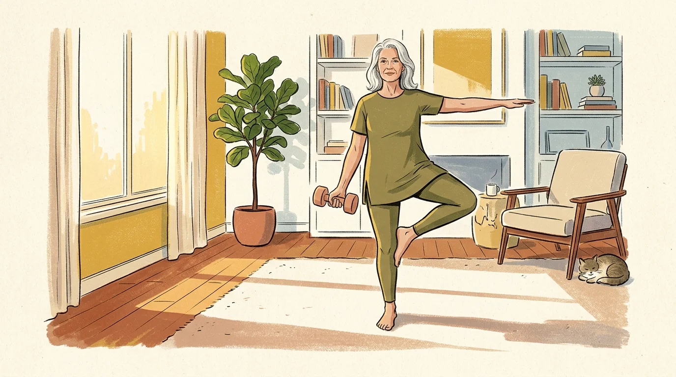 An elegant gouache illustration of an older woman doing a strength and balance exercise in her sunlit living room.