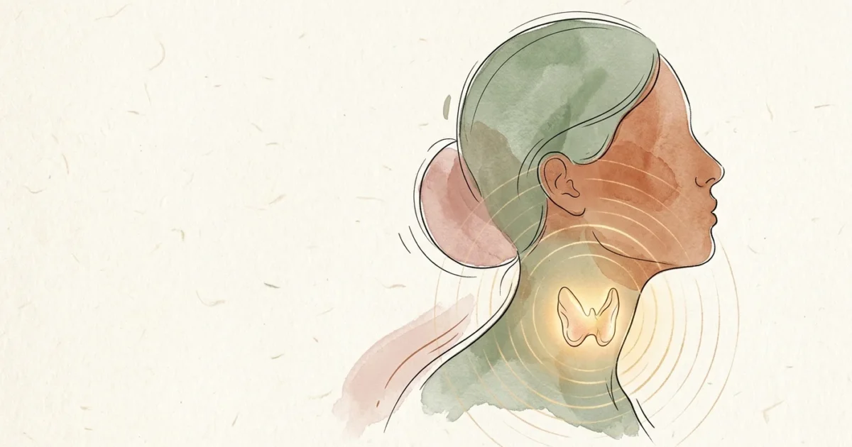An elegant ink and watercolor illustration of a woman's profile with a soft glowing butterfly shape at the base of her neck.