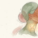 An elegant ink and watercolor illustration of a woman's profile with a soft glowing butterfly shape at the base of her neck.