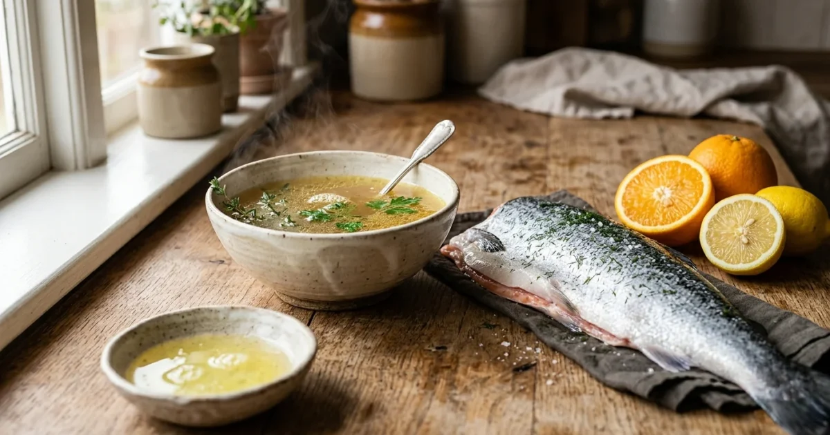 An elegant, sunlit arrangement of bone broth, wild-caught salmon, egg whites, and citrus fruits on a rustic kitchen counter.