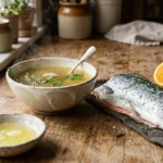 An elegant, sunlit arrangement of bone broth, wild-caught salmon, egg whites, and citrus fruits on a rustic kitchen counter.
