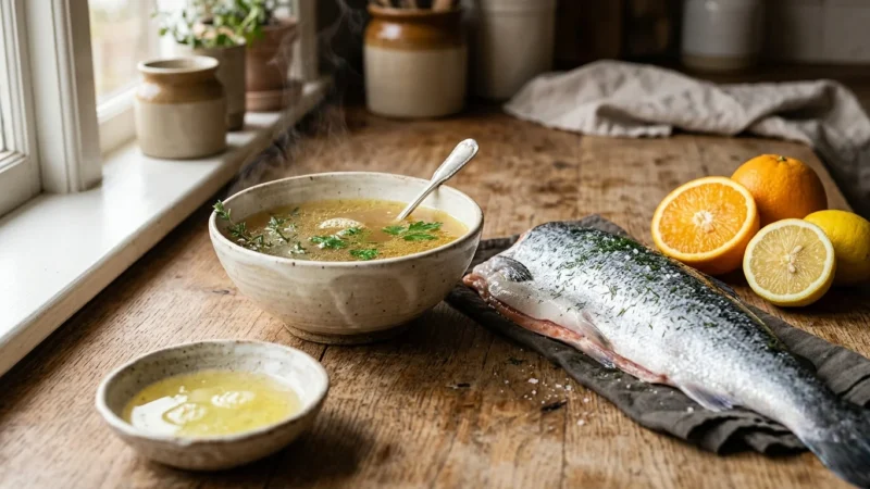 An elegant, sunlit arrangement of bone broth, wild-caught salmon, egg whites, and citrus fruits on a rustic kitchen counter.