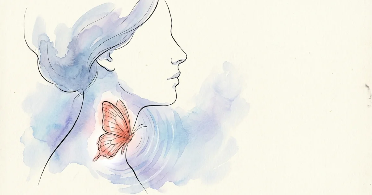 An elegant watercolor illustration of a woman's profile with a warm coral butterfly-shaped thyroid gland at her neck.